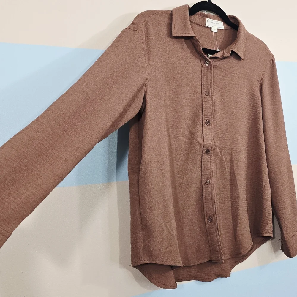 NWT No Comment Chocolate Brown Button Front Blouse - Picture 4 of 8